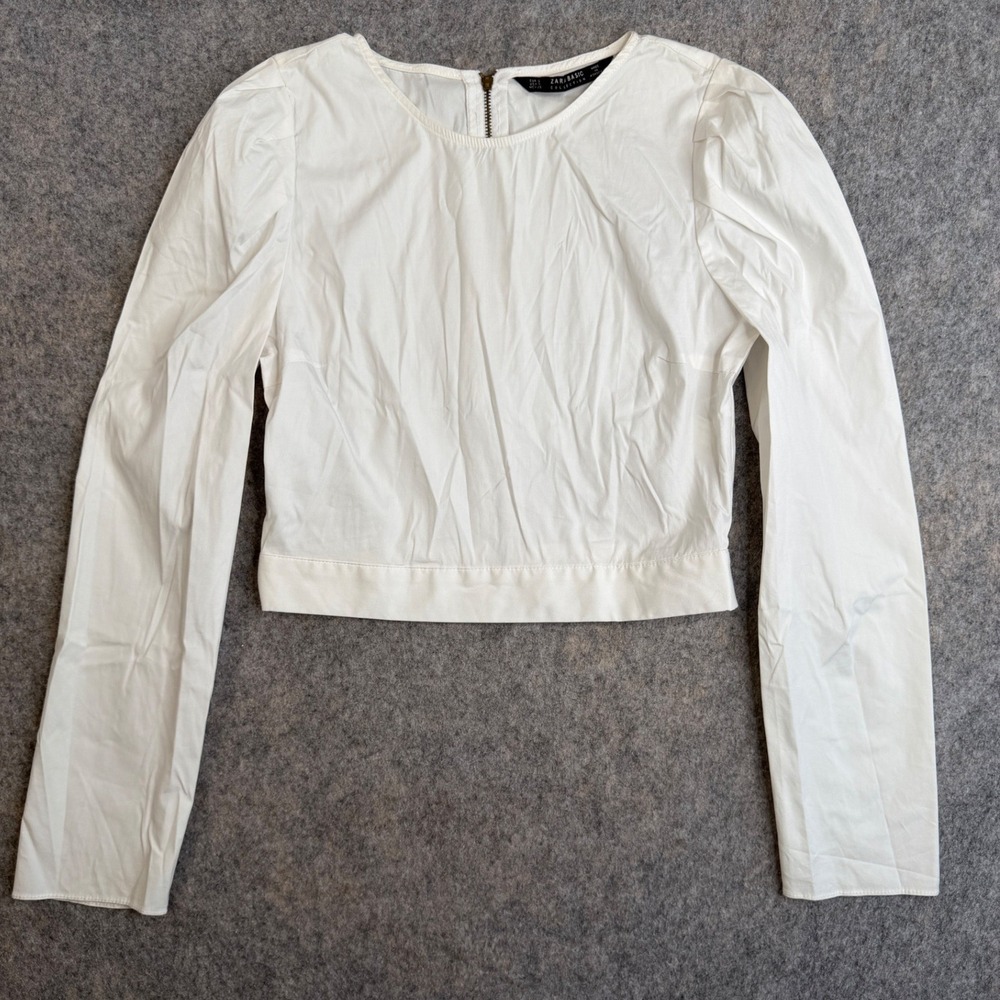 Zara White Puff Sleeve Crop Top Womens S Minimalist Victorian Romantic Zip Back